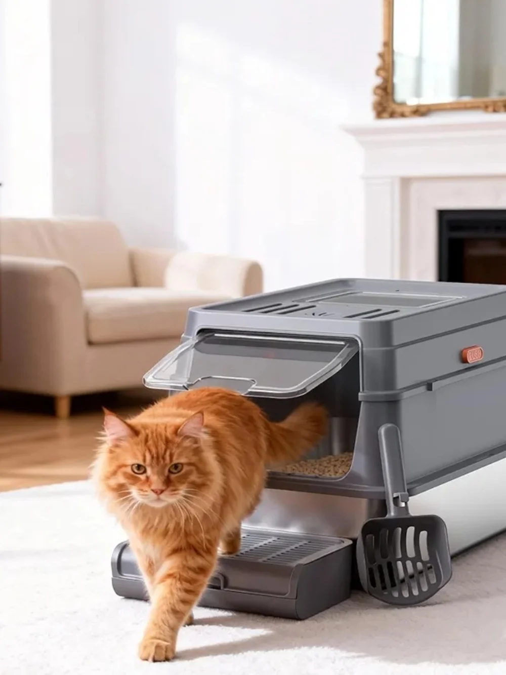 Powools Stainless Steel Enclosed Cat Litter Box With Lid Scoop Grey